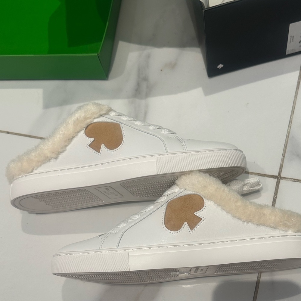 Kate Spade Fez Winter Mule Sneakers - White and Tan Slip-On Sz 6.5 - Picture 6 of 11